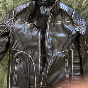 Buckle Dark faux Leather Jacket with Quilted Accents